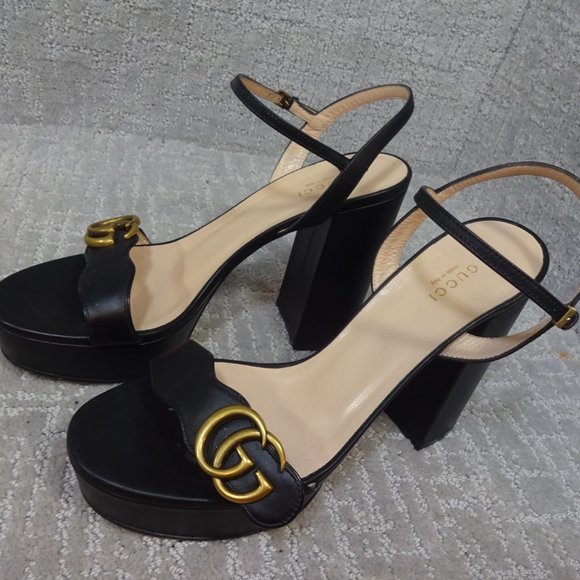 Gucci Marmont Double G Women's Size 39 EU Black Leather High Heel Sandals Shoes - Picture 14 of 14